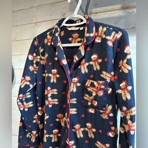 La Vie en Rose | Navy Fleece Christmas Gingerbread Man Button Down Pyjamas Set